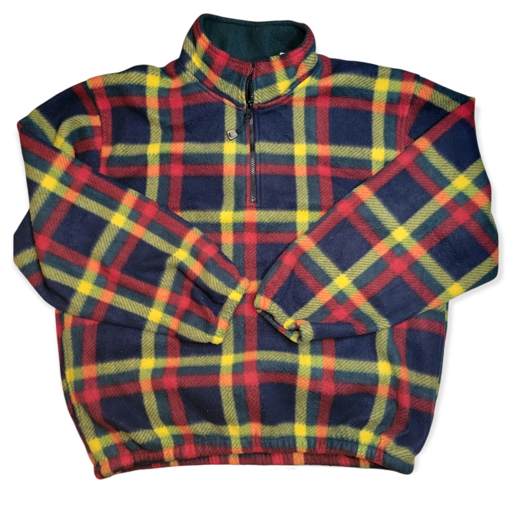 M.E. Sport plaid fleece zip up pullover, size XL, red, yellow, & navy, EUC